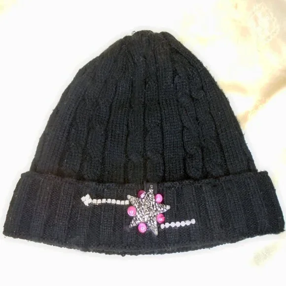 Black Beanie with Star & Rhinestone-Embellished OOAK Acrylic Knit Cap Hat - Picture 6 of 8
